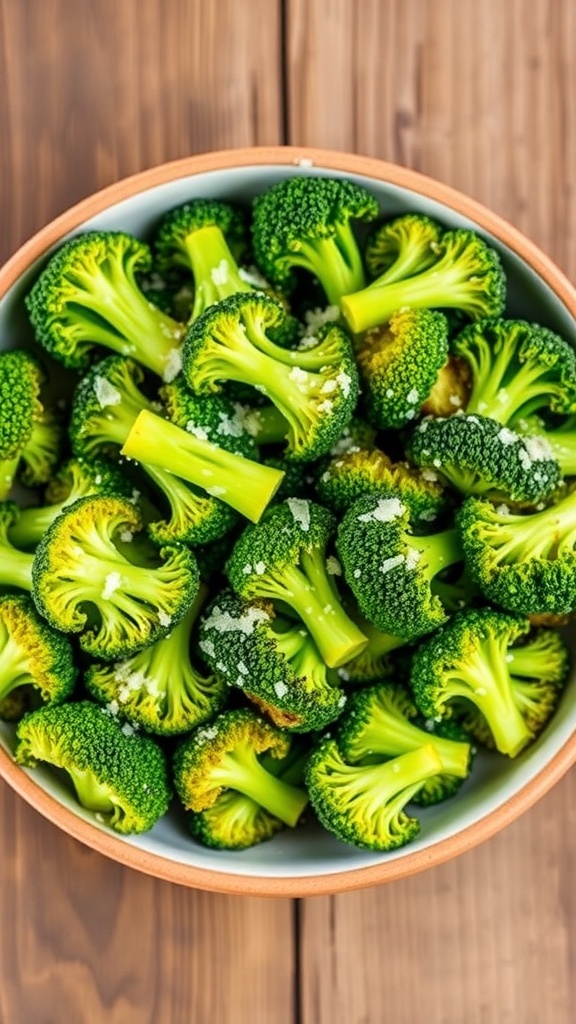 Crispy Air Fryer Broccoli Recipe Crispy air fryer broccoli florets garnished with Parmesan cheese on a rustic wooden table.